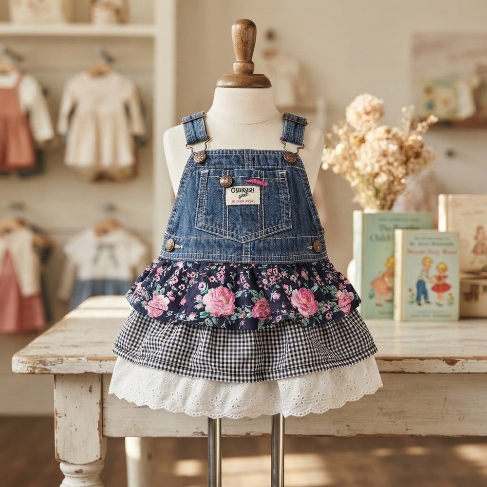 OshKosh B'gosh Jumper Dress Girl 18M Blue Floral Gingham Eyelet Ruffle Denim